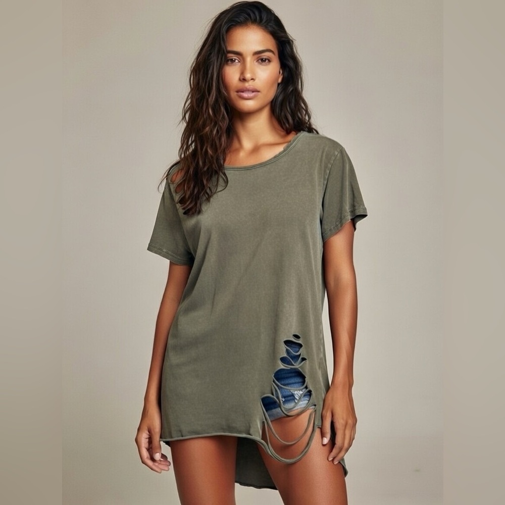 Studio Pasha Olive Green Distressed High-Low Hem T-Shirt Size Small